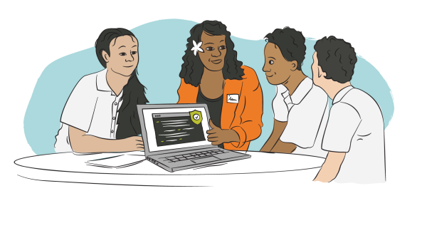 An illustration of a woman tech worker role model showing a laptop to three students