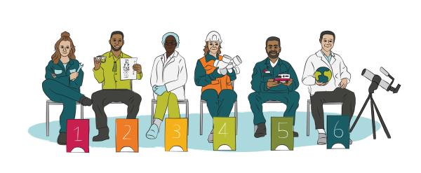An illustration of six role models sitting in a row, wearing uniforms and holding props